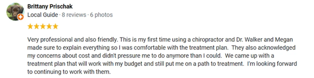 Screenshot of a five-star online review with reviewer information and a detailed testimonial.