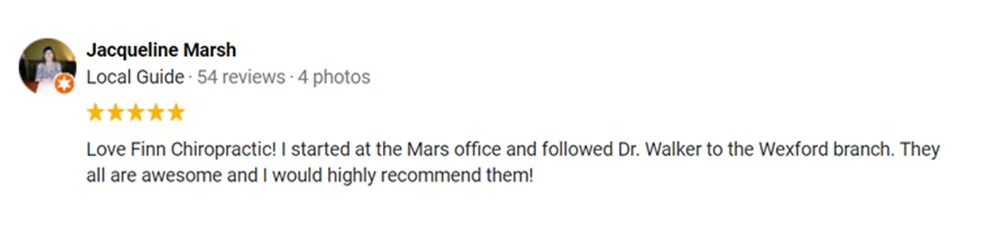 Screenshot of a five-star online review with reviewer information and testimonial text.