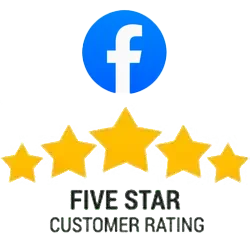 Facebook logo displayed above a five-star customer rating graphic with yellow stars and text.