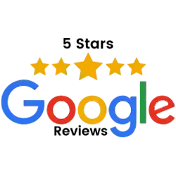 Google logo displayed beneath a five-star rating graphic with yellow stars on a white background.