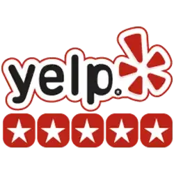 Yelp logo displayed above a five-star rating graphic with red stars on a white background.